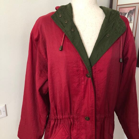 VTG Eddie Bauer Long Hooded Raincoat SP Red Green Nylon 90s Gorpcore Preppy - Picture 2 of 14